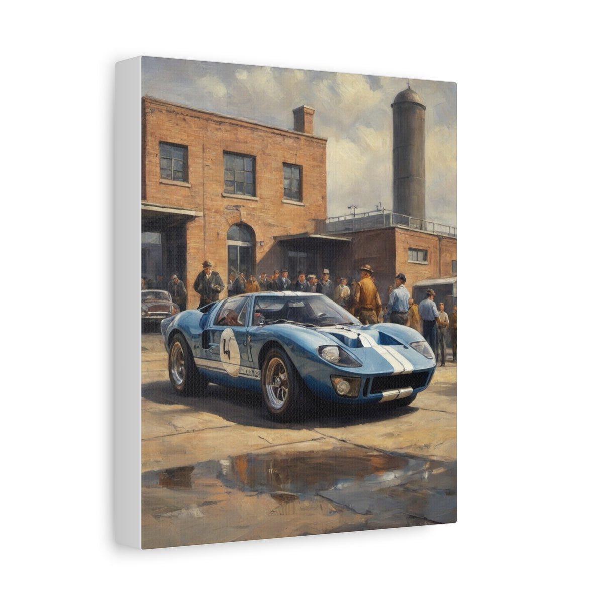 1966 Ford GT40 Canvas Wall Art Vintage Blue Race Car Painting Historic Industrial Factory Yard Stretched Canvas Print for Living Room Office Decor