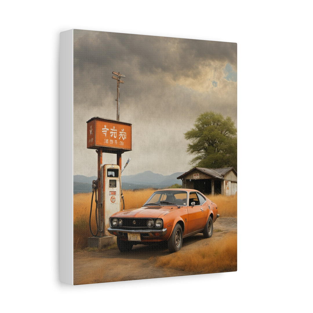 1974 Toyota Celica GT Canvas Wall Art Vintage Sunset Orange Japanese Sports Coupe Painting Retro Gas Station Storm Sky Stretched Canvas Print for Living Room Office Decor
