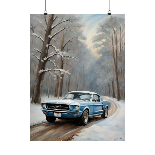 Winter Mustang Poster Art, Vintage Car Wall Decor, Home Office Artwork, Gift for Car Lovers, Automotive Decor