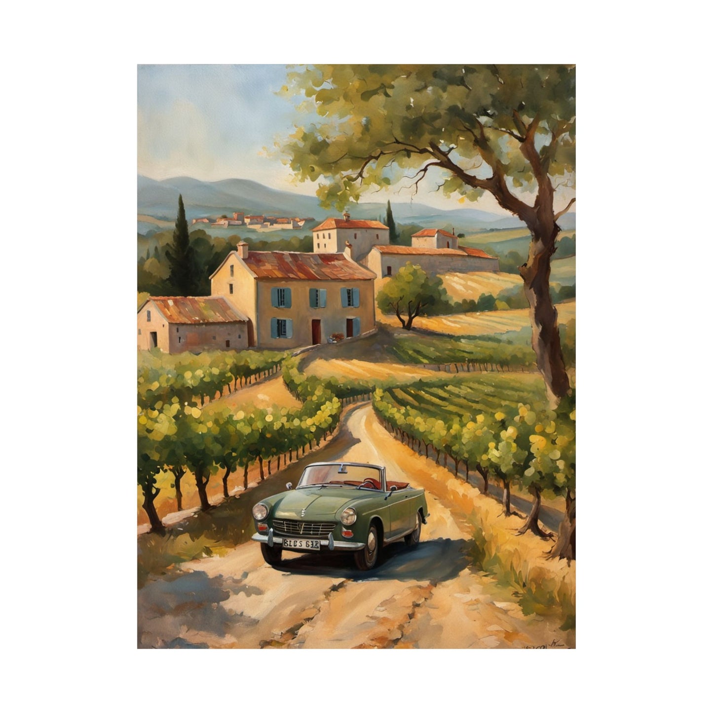 Vintage Car Landscape Poster, Wall Art Decor, Matte Vertical Print, Country Road Scene, Home Decor Gift, Retro Art, Gift for Car Lovers Printify