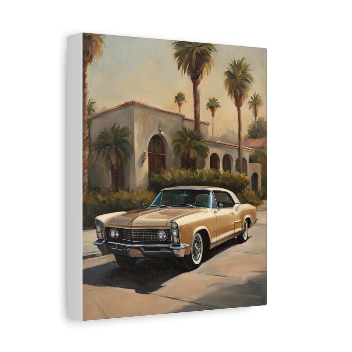 1965 Buick Riviera Canvas Wall Art Vintage Champagne Gold Classic Coupe Painting Palm Springs Villa Palm Trees Stretched Canvas Print for Living Room Office Decor