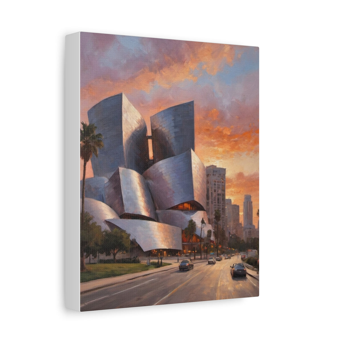 Walt Disney Concert Hall Los Angeles Canvas Wall Art | Historic Downtown LA Architecture Canvas Print | Impressionist Sunset Landscape Art for Living Room & Office