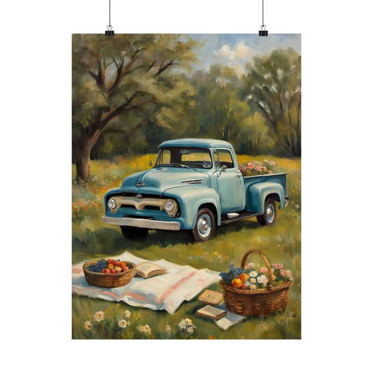 Rustic Farmhouse Poster, Vintage Truck Art Print, Country Decor, Picnic Wall Art, Floral Home Decoration