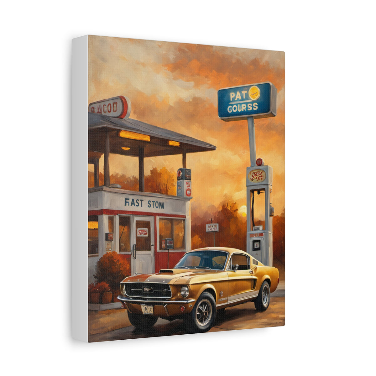 1967 Ford Mustang Fastback Canvas Wall Art Vintage Gold Muscle Car Painting Retro Gas Station Sunset Stretched Canvas Print for Living Room Office Decor