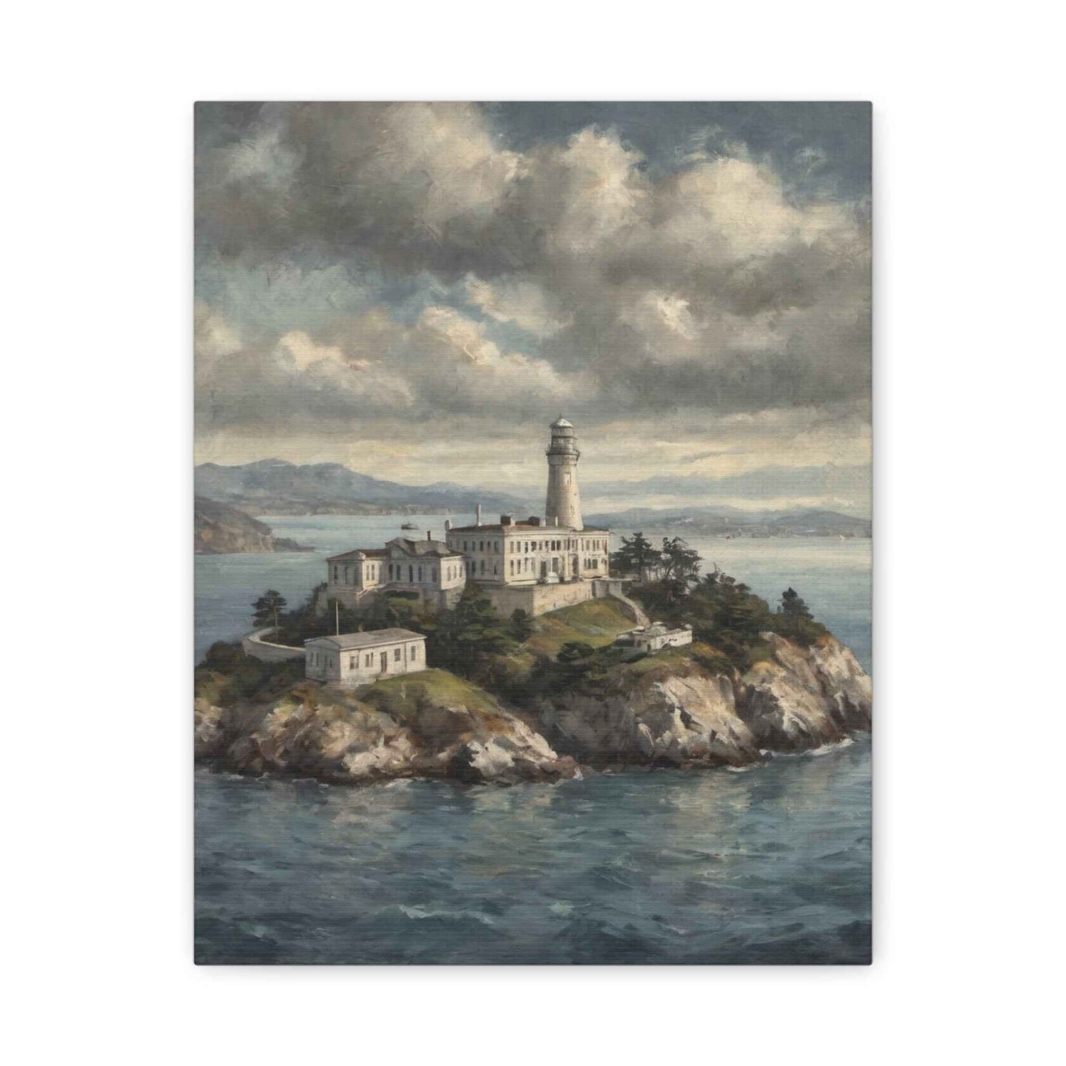 Lighthouse Island Canvas Wall Art — Coastal Seascape Matte Stretched Print - AquilVision