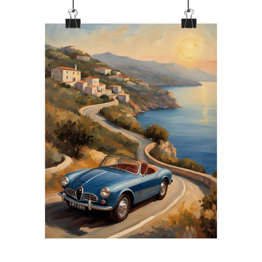 Vintage Car Poster, Retro Wall Art, Classic Automobile Decor, Gift for Car Lovers, Coastal Road Trip Art