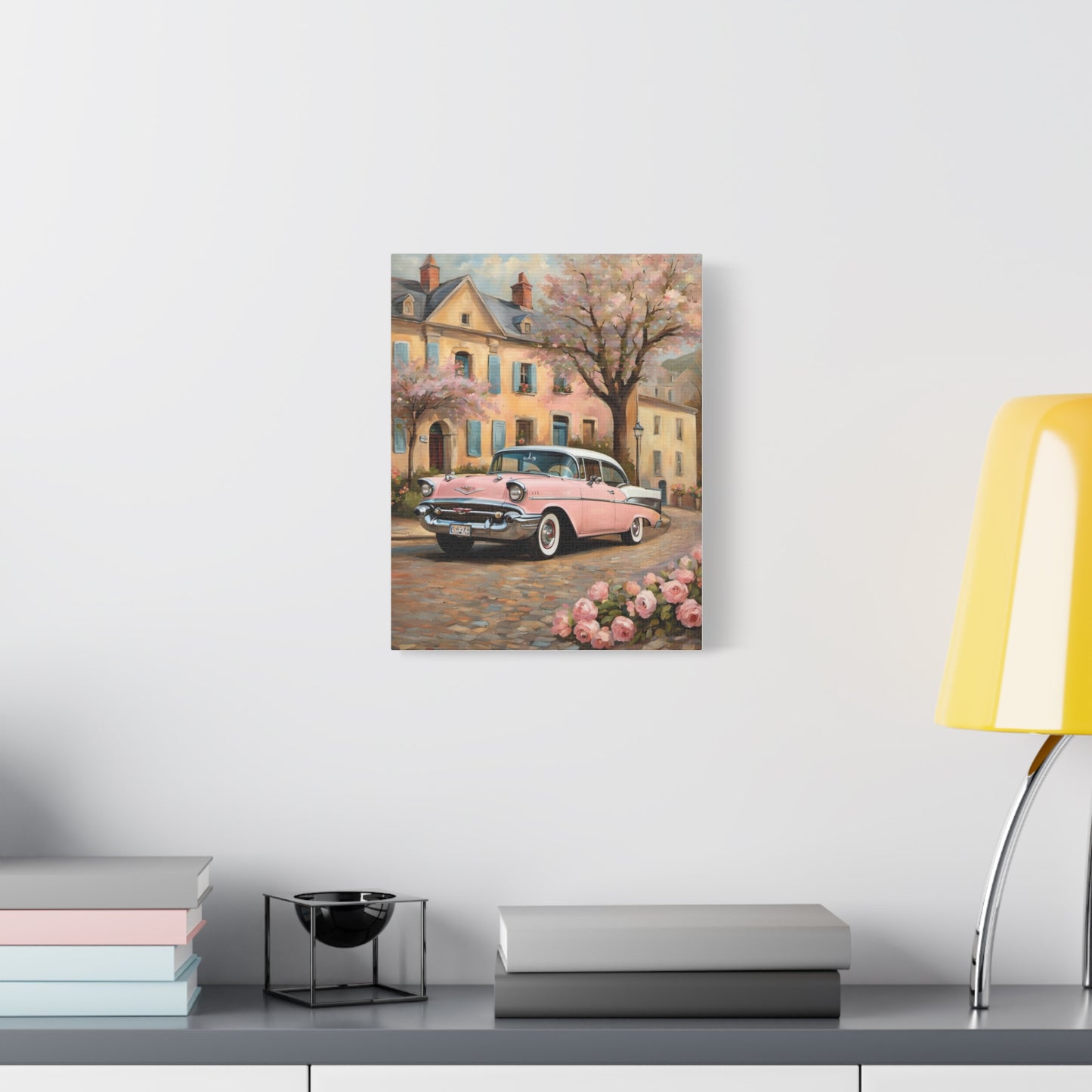 Vintage Car Canvas Print, Home Decor, Wall Art, Gift for Car Lovers, Retro Art, Floral Design, Pink Cadillac - AquilVision