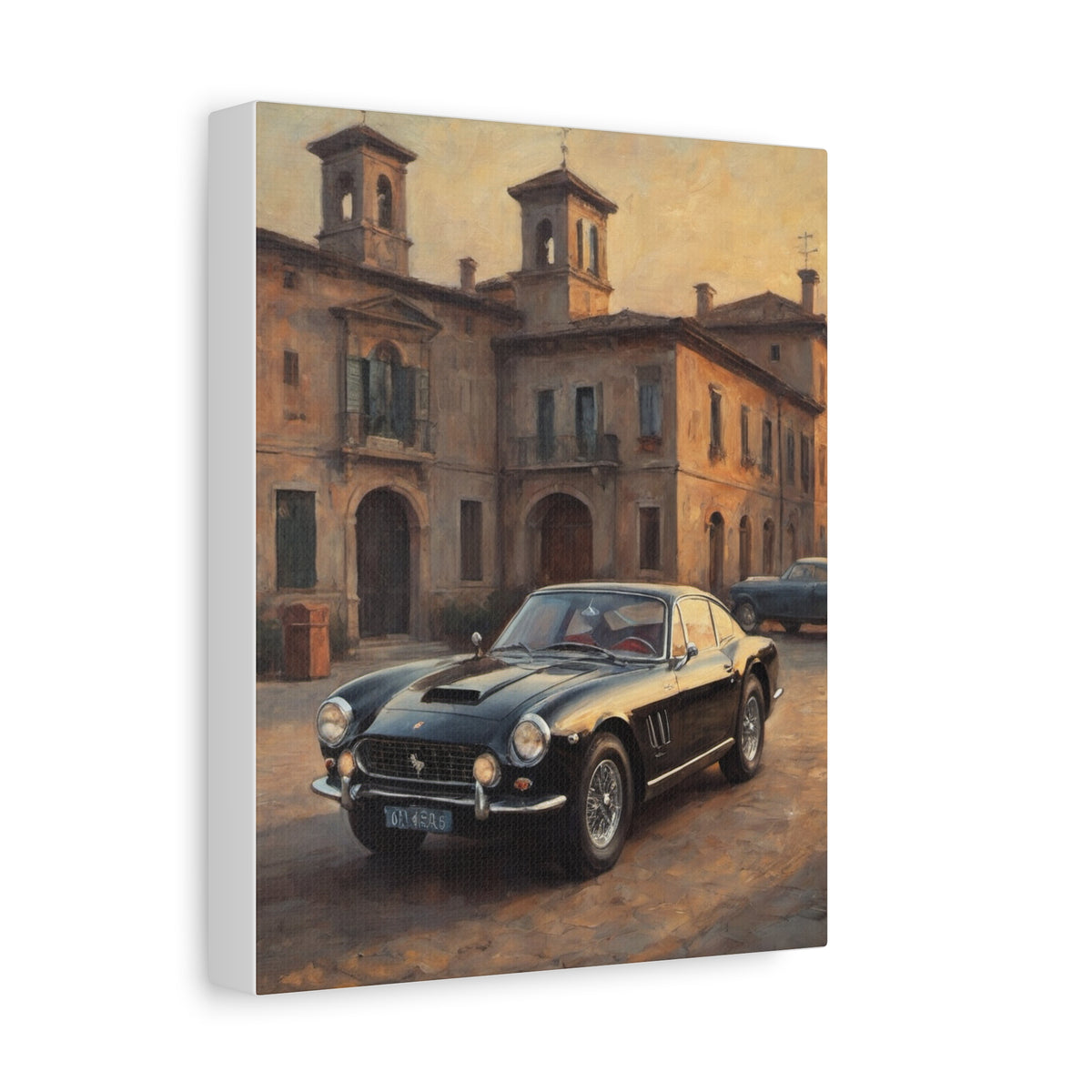1963 Ferrari 250 GT Berlinetta Lusso Canvas Wall Art Vintage Black Italian Sports Car Painting Sunset Piazza Stretched Canvas Print for Living Room Office Decor
