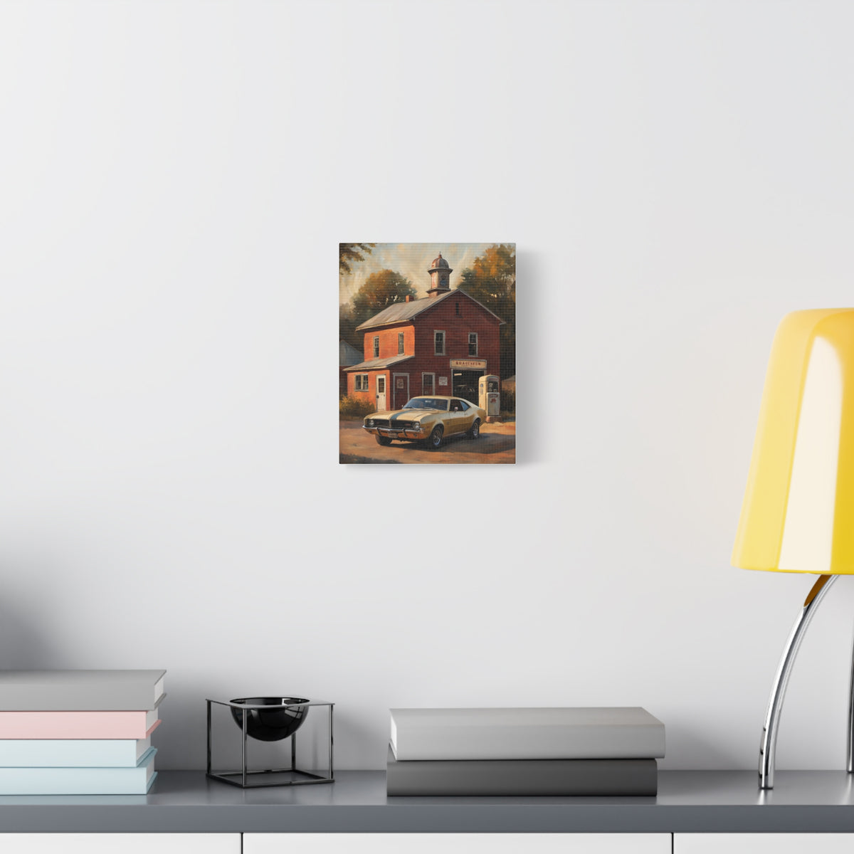 1968 AMC Javelin Canvas Wall Art Vintage Champagne Gold Muscle Car Painting Country Garage Retro Gas Pump Stretched Canvas Print for Living Room Office Decor