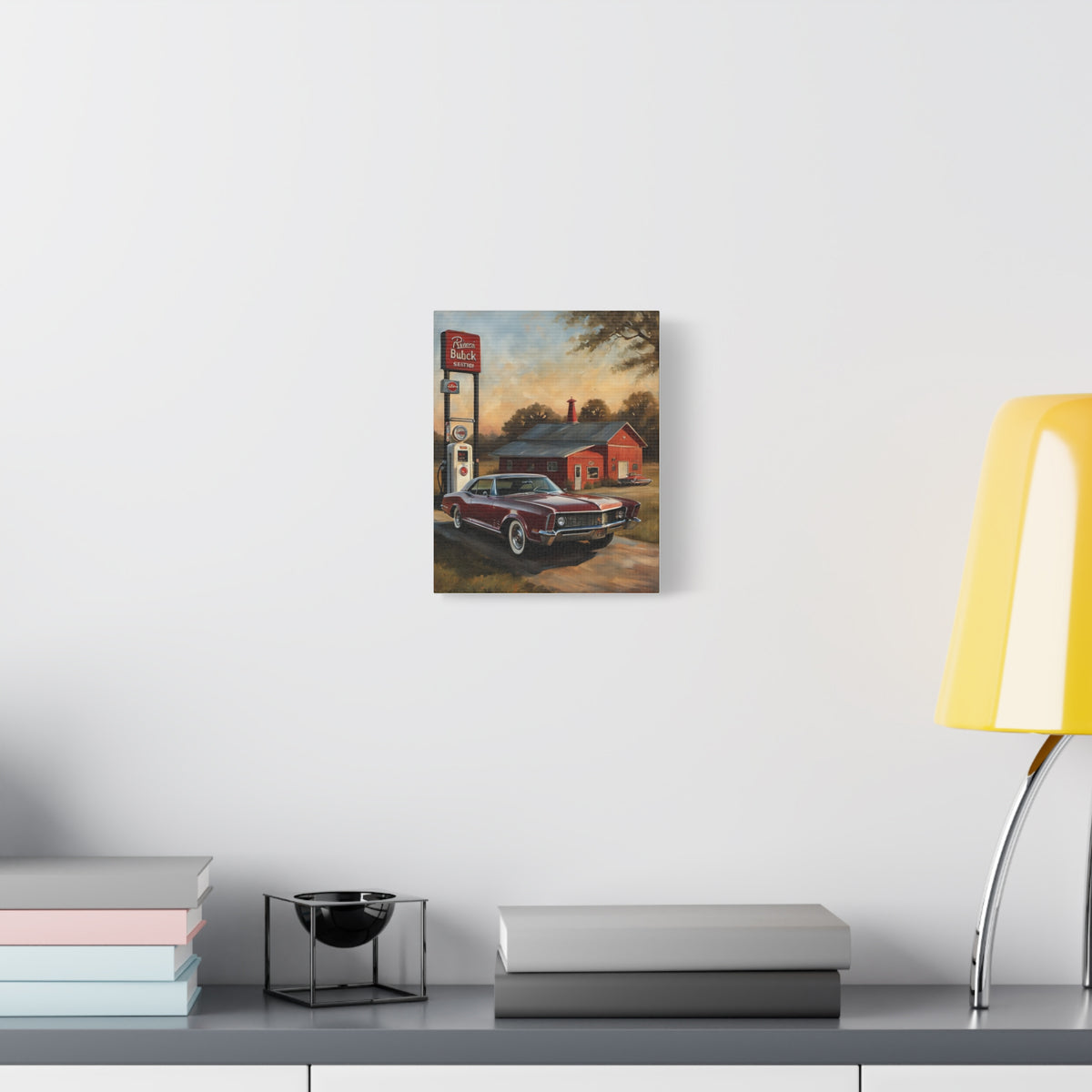 1965 Buick Riviera Canvas Wall Art Vintage Burgundy Classic Coupe Painting Retro Gas Station Sunset Stretched Canvas Print for Living Room Office Decor