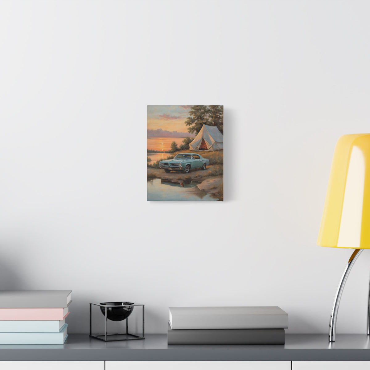 1964 Pontiac GTO Canvas Wall Art Vintage Light Blue Muscle Car Painting Lakeside Camp Sunset Stretched Canvas Print for Living Room Office Decor