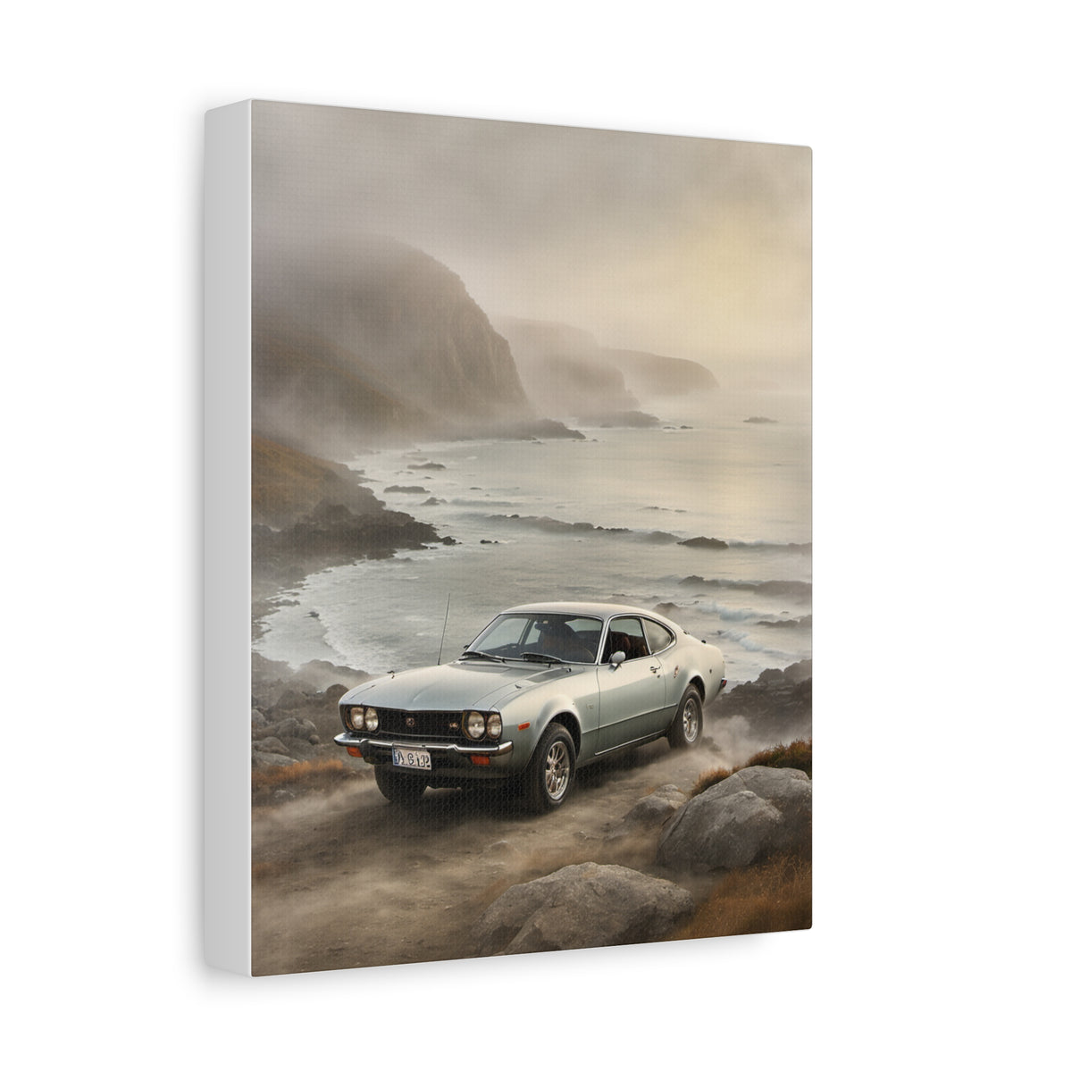 1974 Toyota Celica GT Canvas Wall Art Vintage Silver Metallic Japanese Sports Coupe Painting Misty Ocean Cliffs Coastal Stretched Canvas Print for Living Room Office Decor