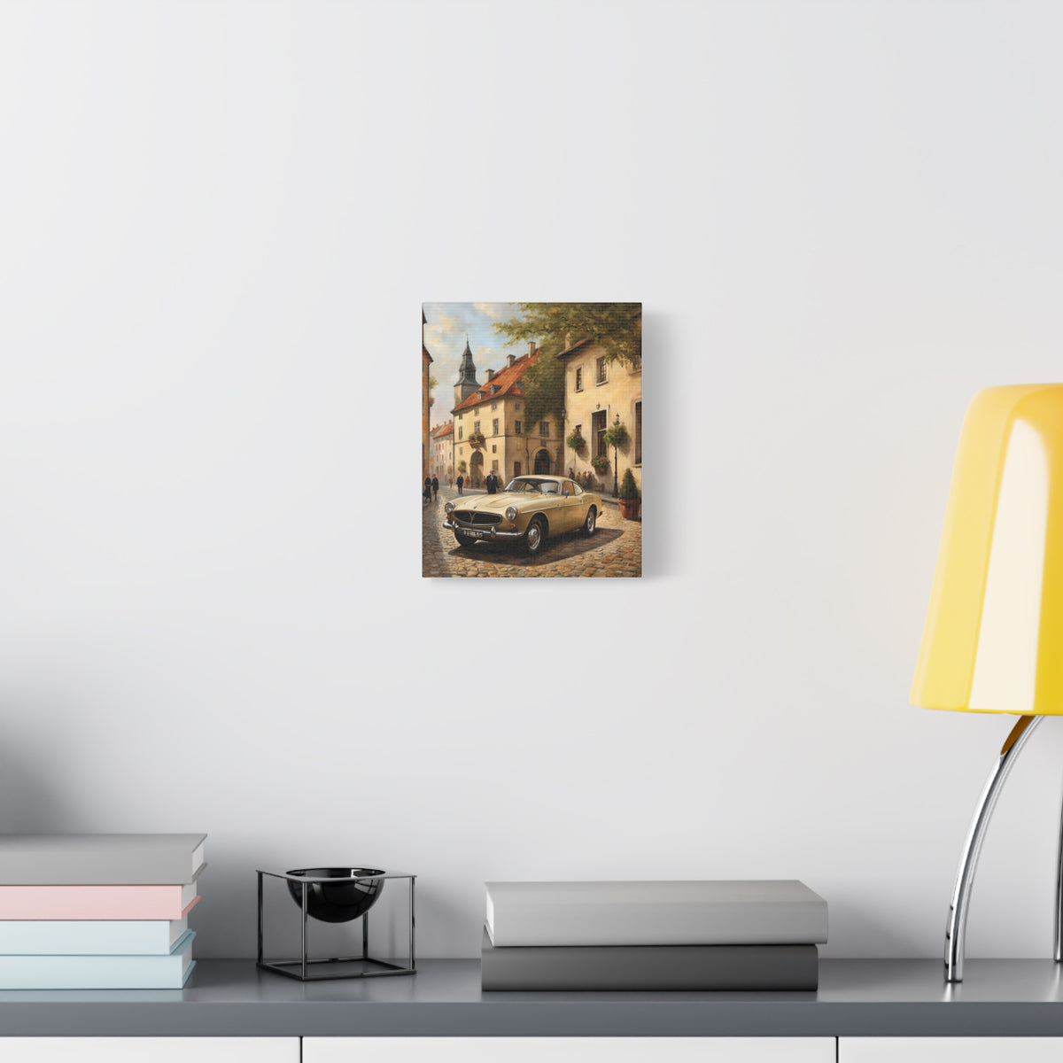 1966 Volvo P1800 Canvas Wall Art Vintage Cream Yellow Coupe Painting European Village Cobblestone Street Stretched Canvas Print for Living Room Office Decor