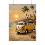 Vintage VW Camper Beach Poster — Sunset Surf Van Wall Art