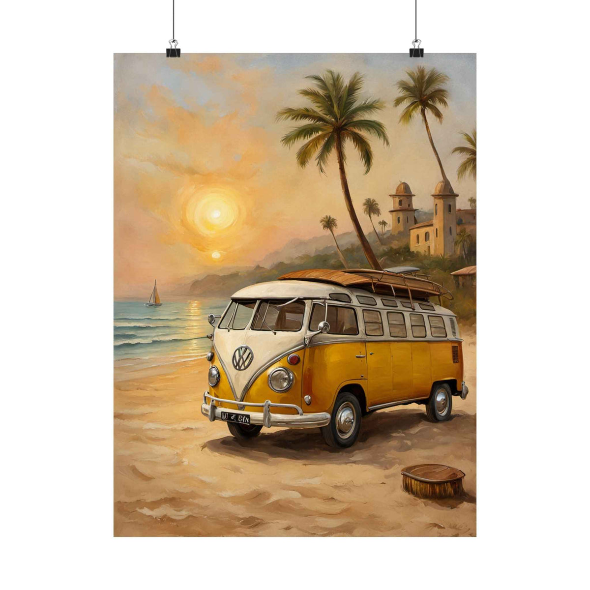 Vintage VW Camper Beach Poster — Sunset Surf Van Wall Art