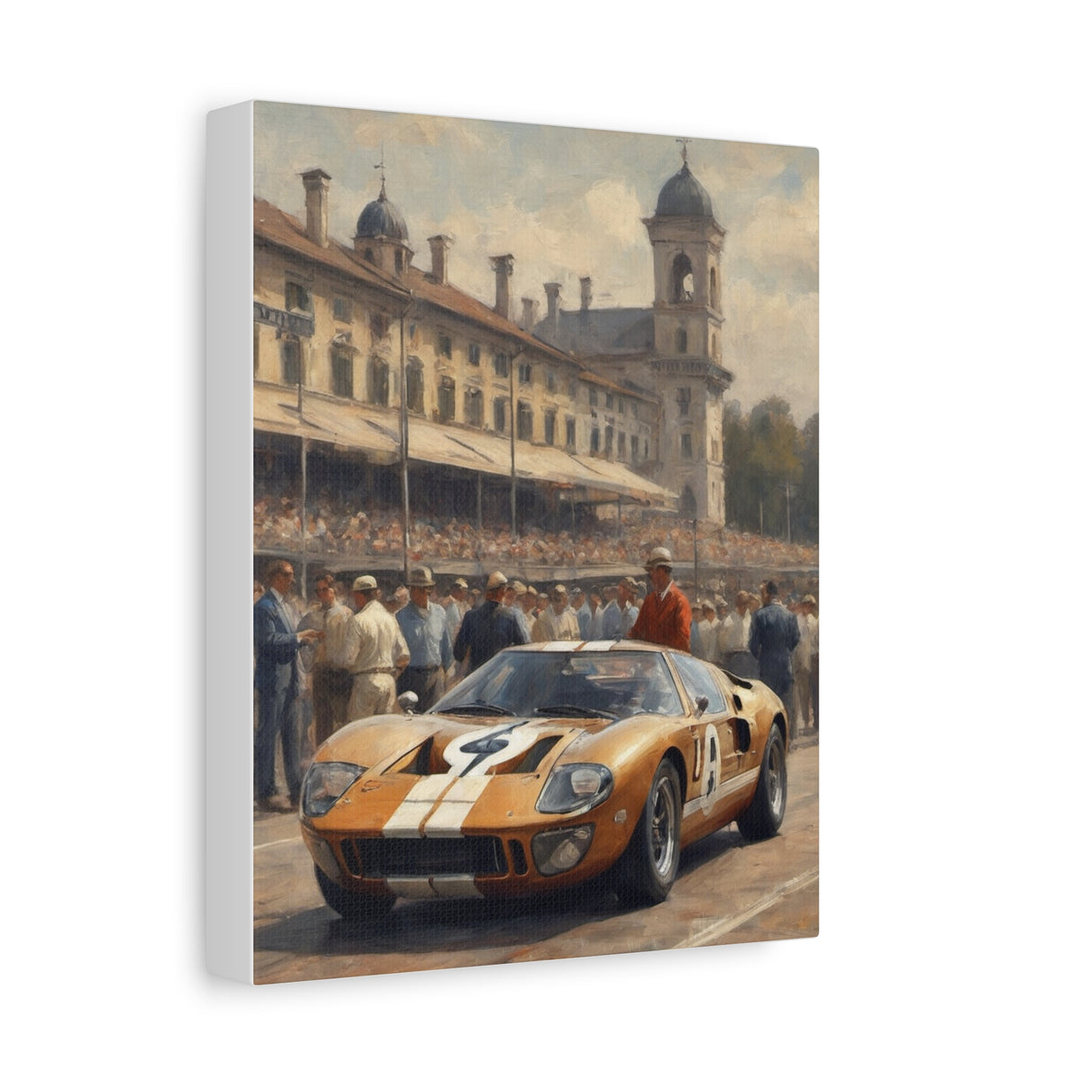 1966 Ford GT40 Canvas Wall Art Vintage Copper Gold Race Car Painting Monza Circuit Grandstand Paddock Stretched Canvas Print for Living Room Office Decor