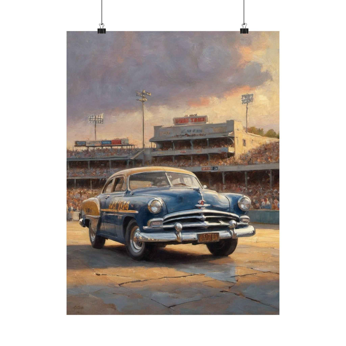 Vintage Race Day Poster – Classic 1950s Car Stadium Matte Vertical Print