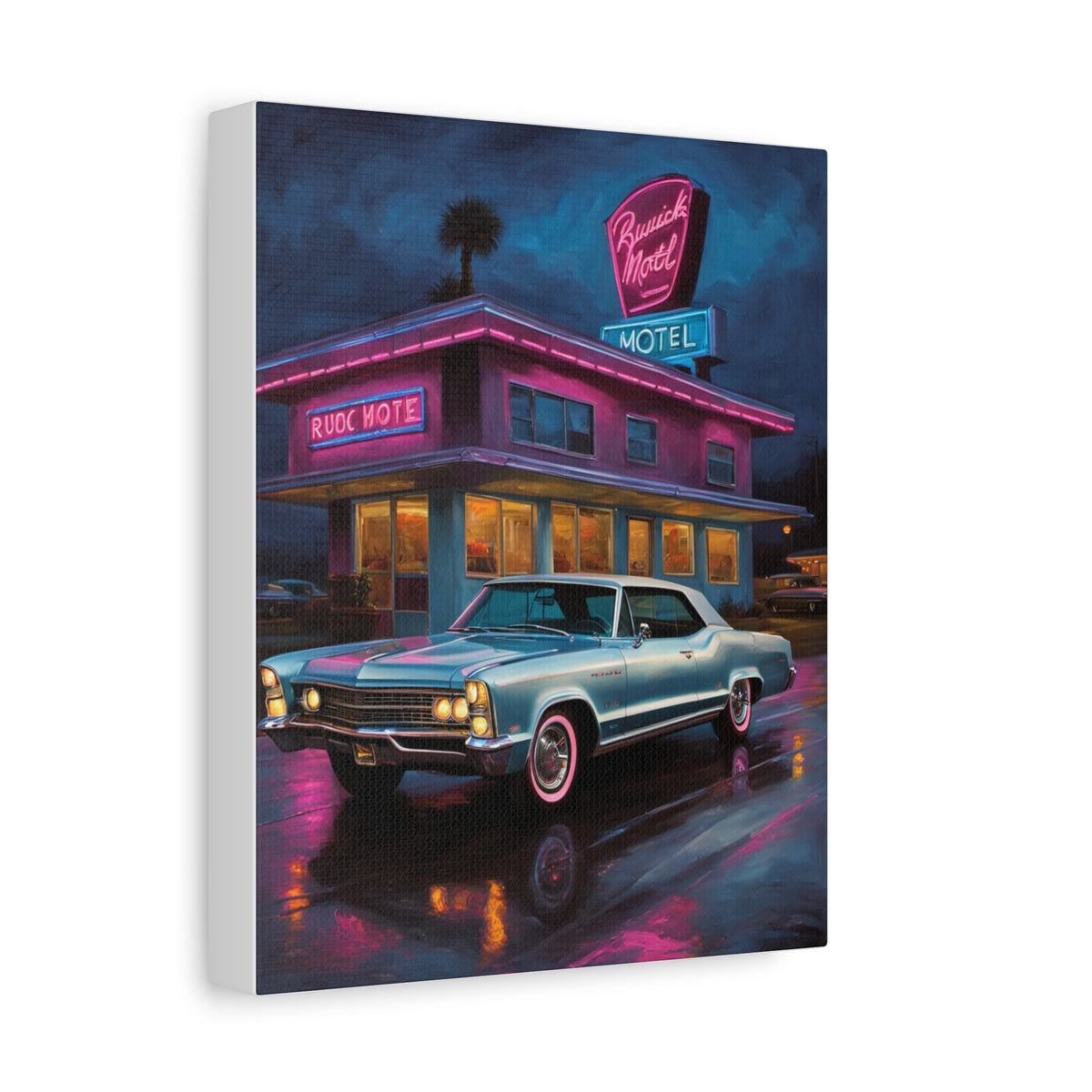 1965 Buick Riviera Canvas Wall Art Vintage Electric Blue Classic Coupe Painting Retro Neon Motel Night Stretched Canvas Print for Living Room Office Decor