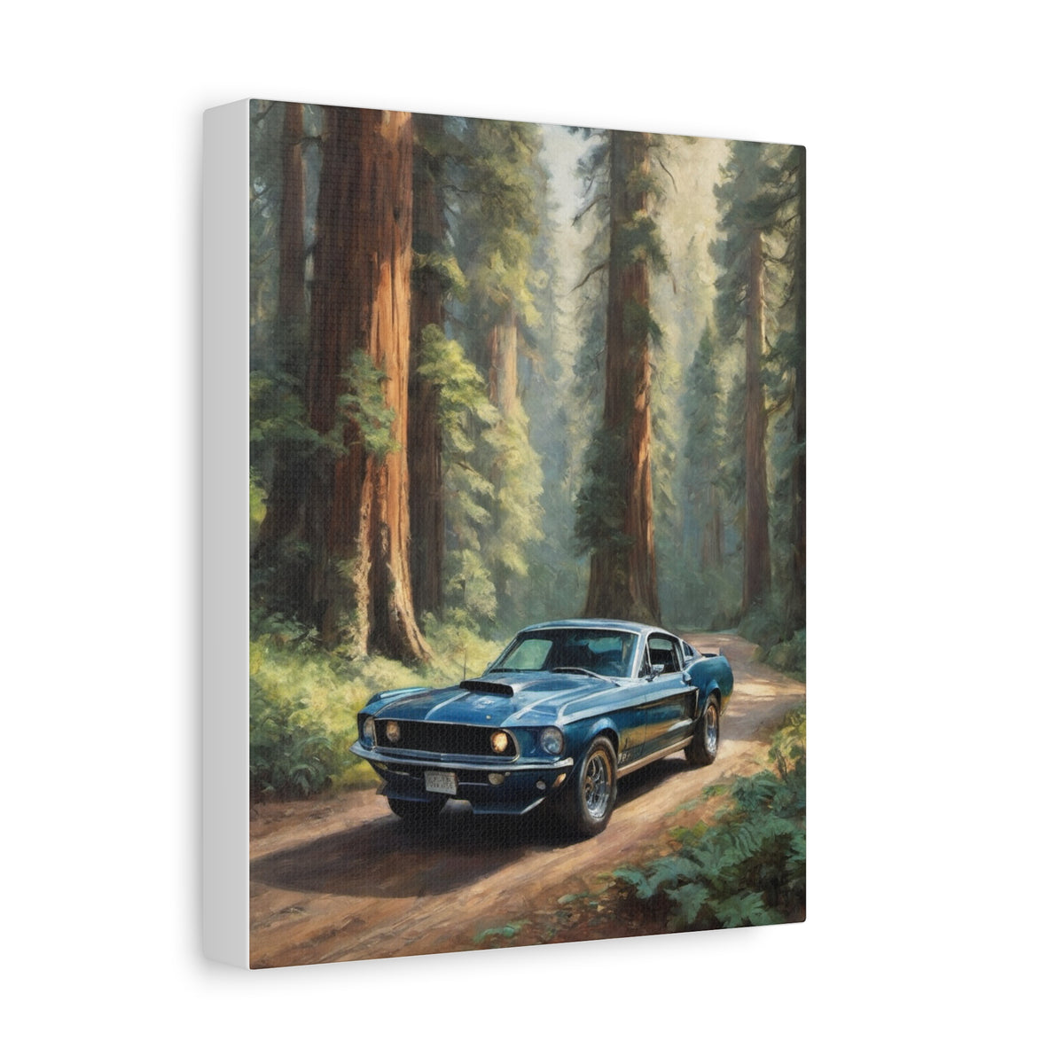 1968 Shelby GT500 Canvas Wall Art Vintage Acapulco Blue Muscle Car Painting Redwood Forest Sunbeams Dirt Road Stretched Canvas Print for Living Room Office Decor