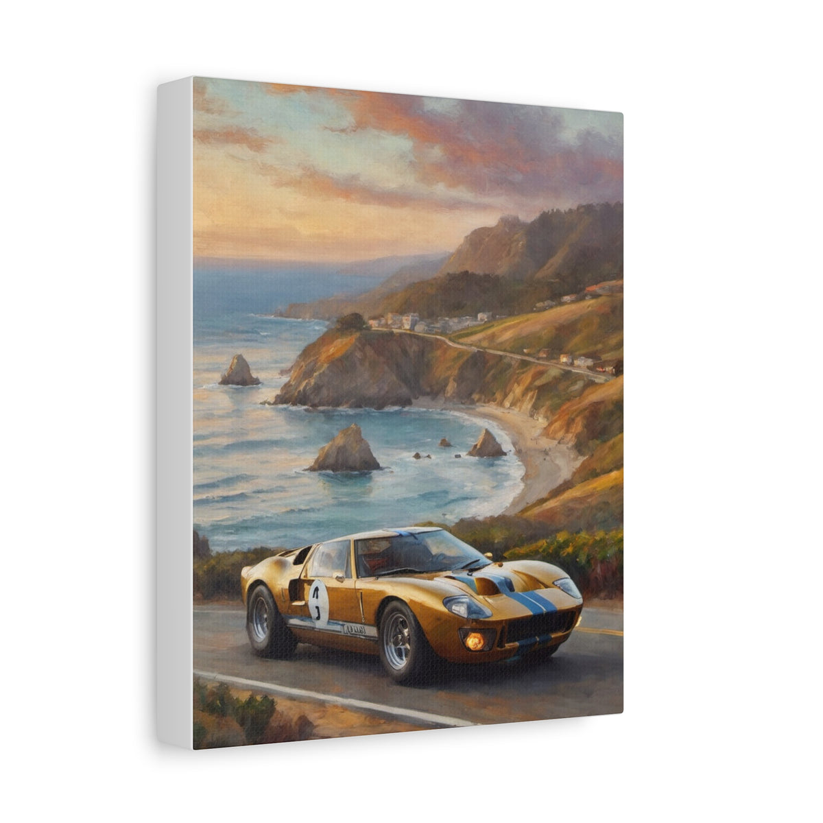 1966 Ford GT40 Canvas Wall Art Vintage Gold Race Car Painting Pacific Coastal Highway Sunset Ocean Stretched Canvas Print for Living Room Office Decor