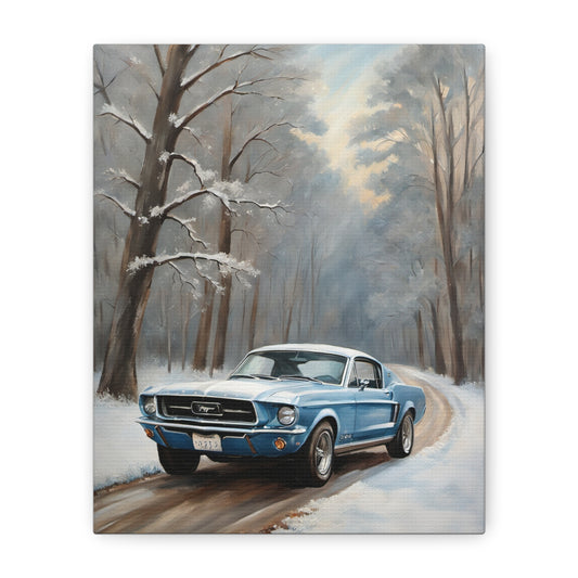 Blue Mustang Winter Scene Canvas Print, Vintage Car Art, Rustic Home Decor, Perfect Gift for Car Lovers, Wall Art for Auto Enthusiasts