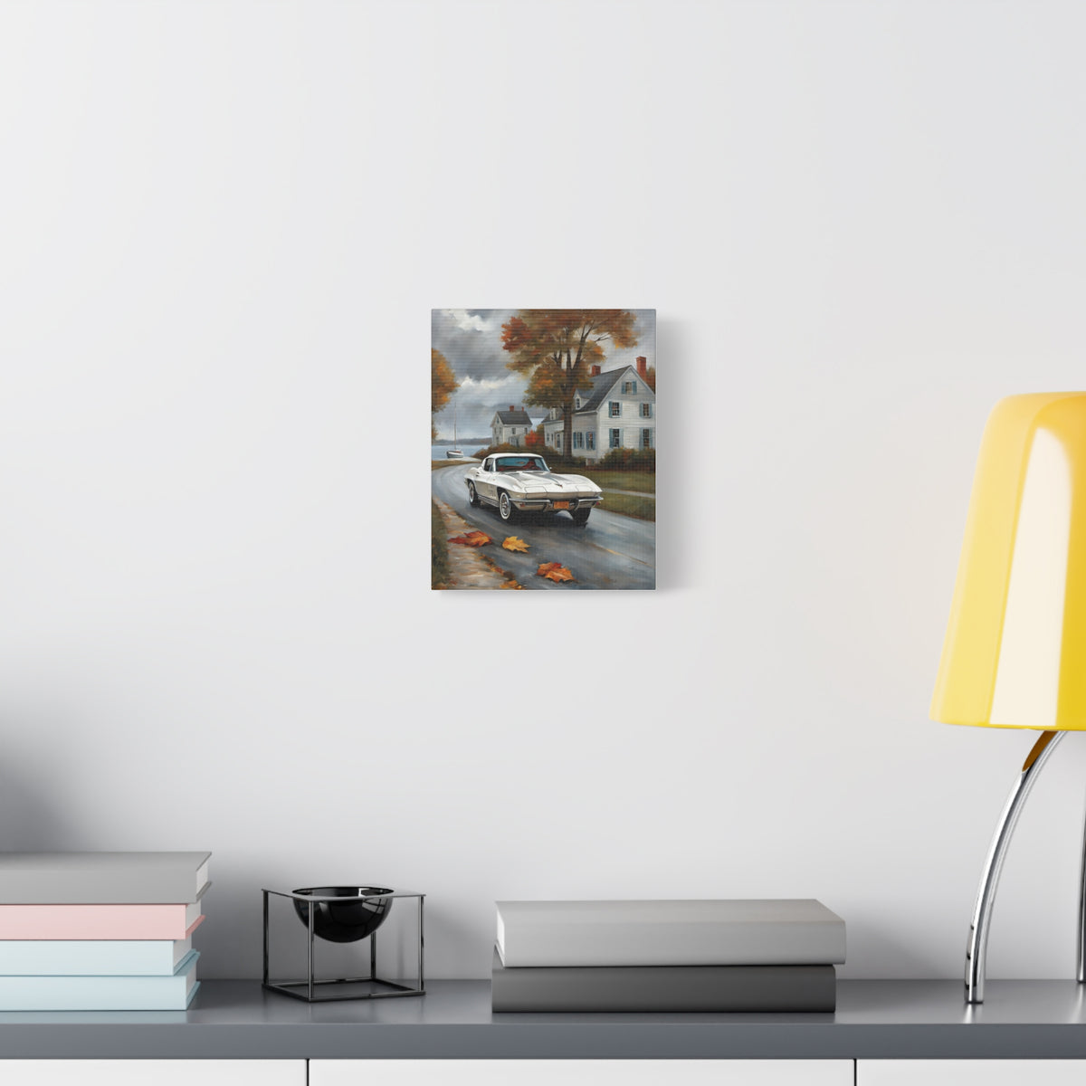 1963 Chevrolet Corvette C2 Stingray Split Window Canvas Wall Art Vintage White Muscle Car Painting New England Coastal Town Stretched Canvas Print for Living Room Office Decor