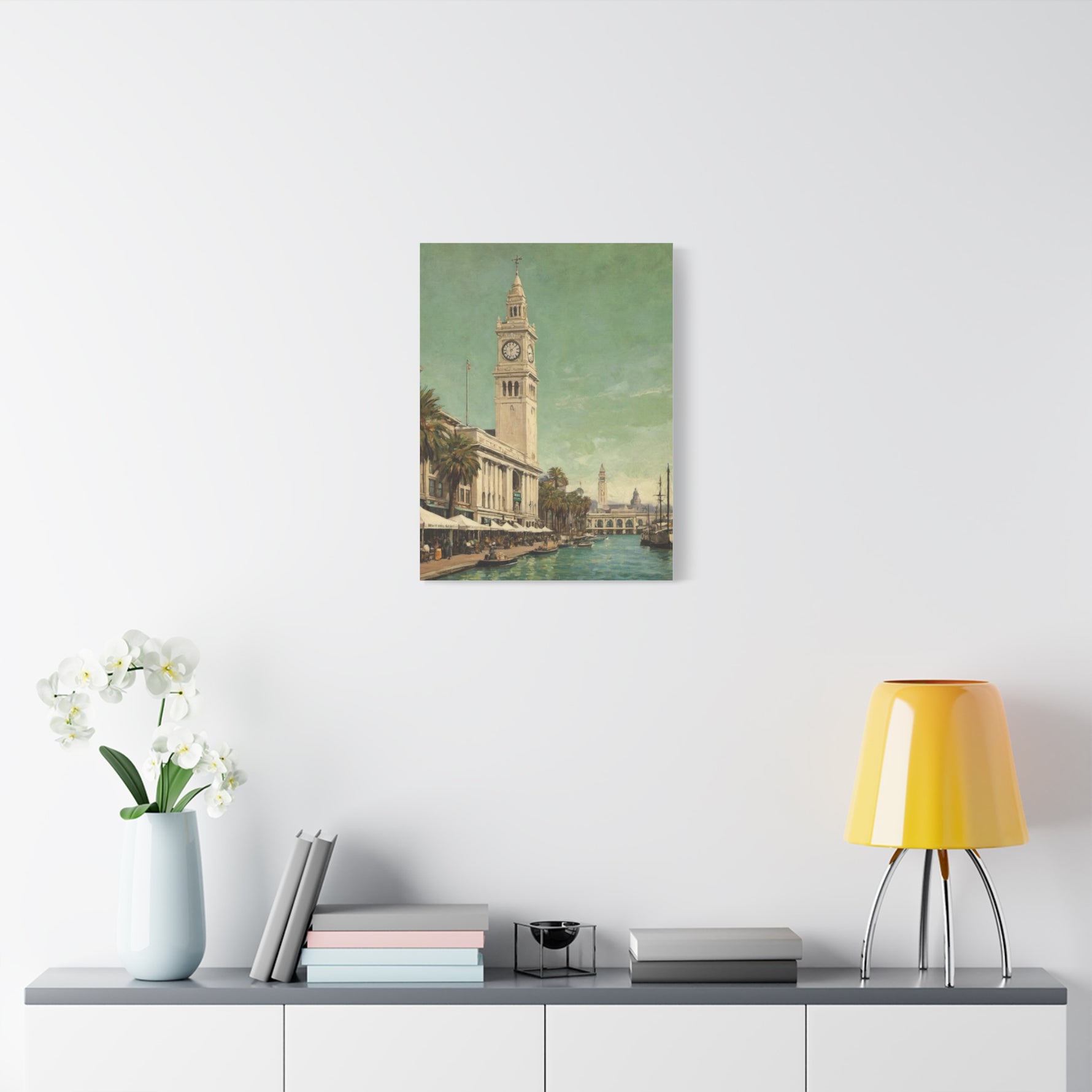 Vintage Harbor Clocktower Canvas Print — Coastal Cityscape Wall Art - AquilVision