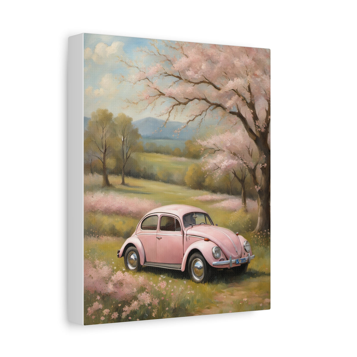 1967 Volkswagen Beetle Canvas Wall Art Vintage Pastel Pink Bug Painting Cherry Blossom Spring Meadow Stretched Canvas Print for Living Room Office Decor