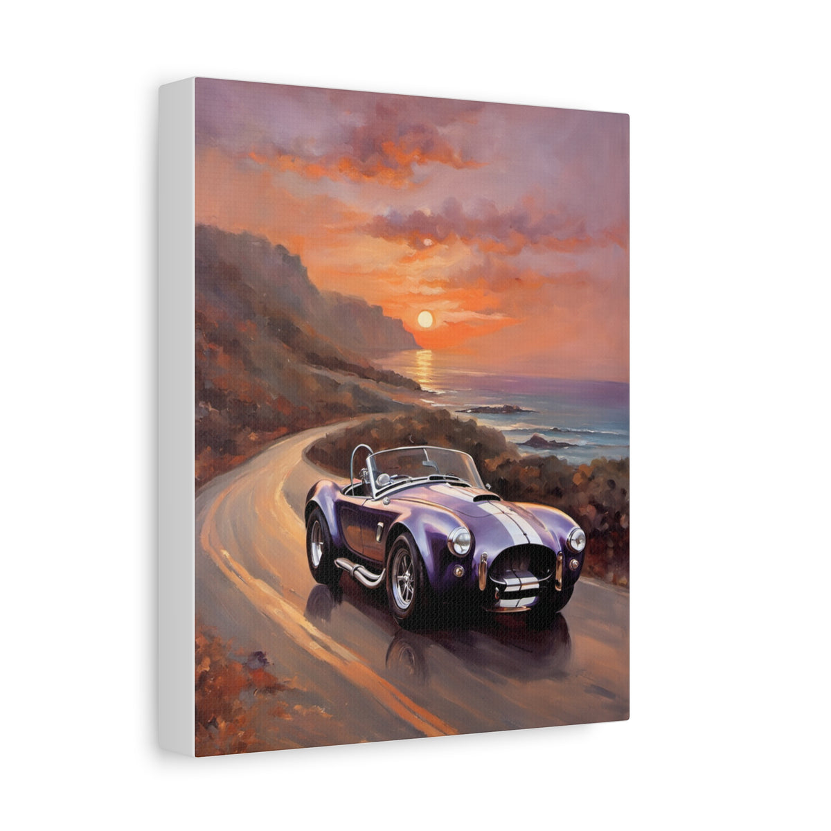 1966 Shelby Cobra 427 Canvas Wall Art Vintage Purple Sports Car Painting Coastal Highway Sunset Ocean Stretched Canvas Print for Living Room Office Decor