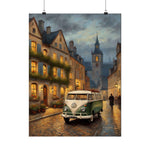 Vintage VW Camper Poster — Matte Vertical Travel Print of European Street Scene