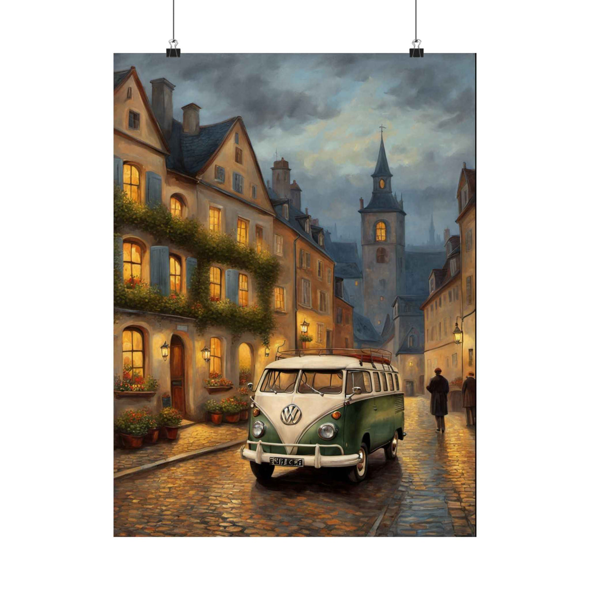 Vintage VW Camper Poster — Matte Vertical Travel Print of European Street Scene