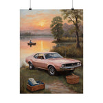 Vintage Muscle Car Poster — Sunset Lakeside Picnic Matte Vertical Print