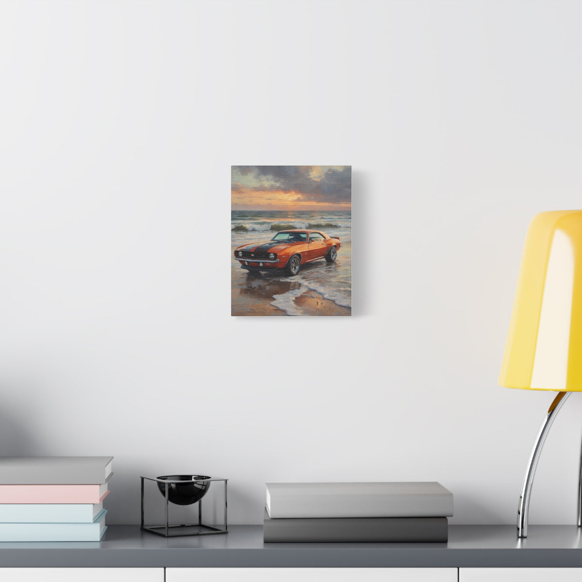 1969 Chevrolet Camaro Z28 Canvas Wall Art Vintage Hugger Orange Black Stripes Muscle Car Painting Ocean Beach Shoreline Sunset Stretched Canvas Print for Living Room Office Decor