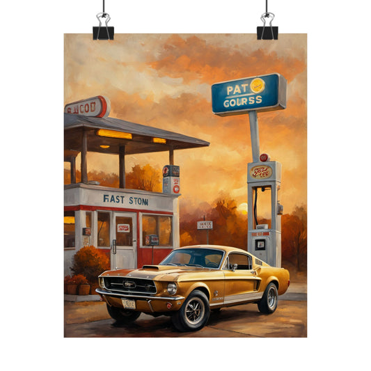 Vintage Gas Station Muscle Car Art Print – 18x24 in Poster