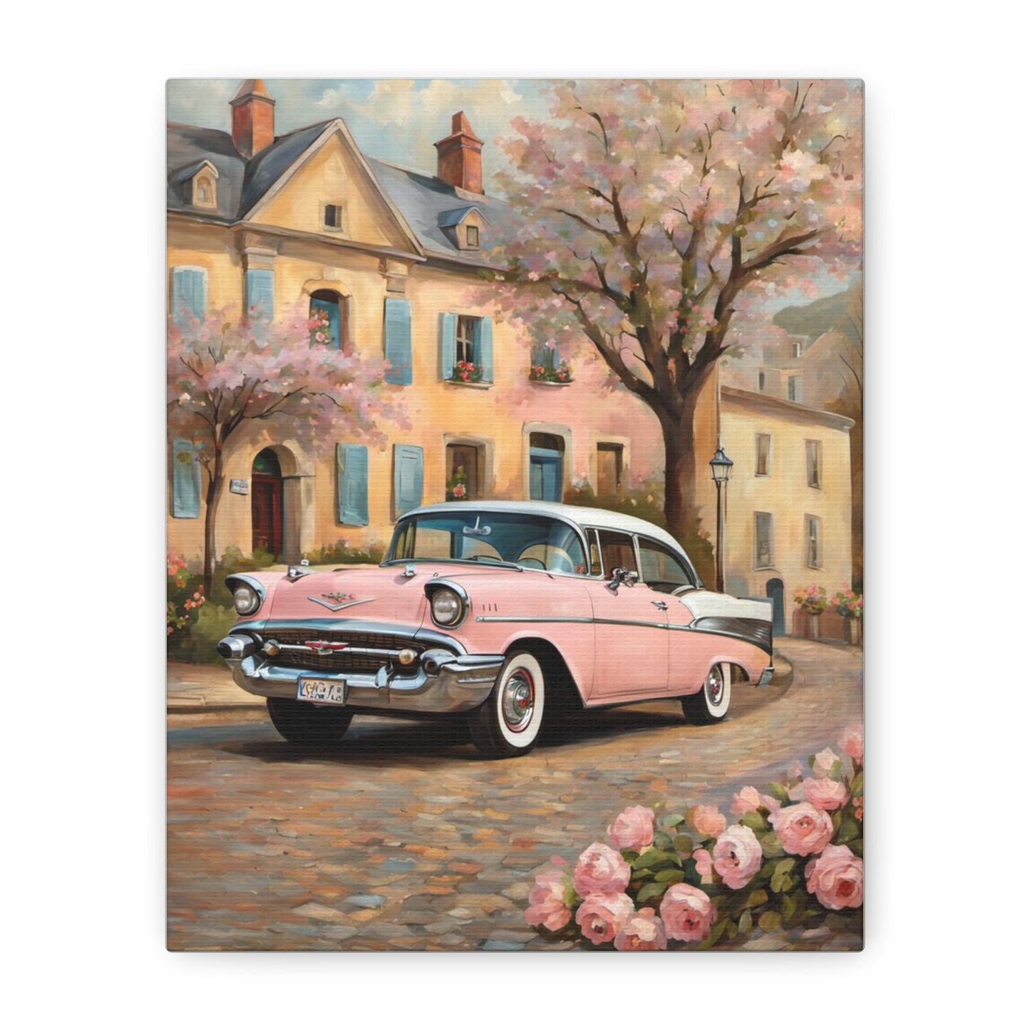 Vintage Car Canvas Print, Home Decor, Wall Art, Gift for Car Lovers, Retro Art, Floral Design, Pink Cadillac - AquilVision