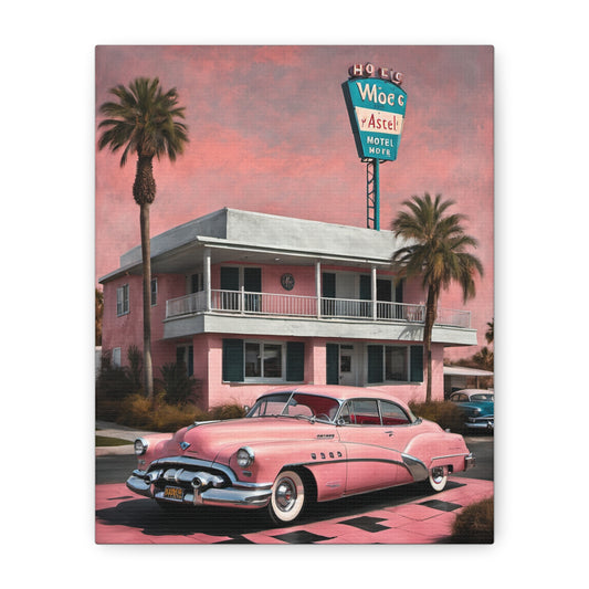 Vintage Retro Canvas Art Print, Nostalgic Wall Decor, Pink Classic Car, 50s Vibe, Perfect Gift for Home and Office