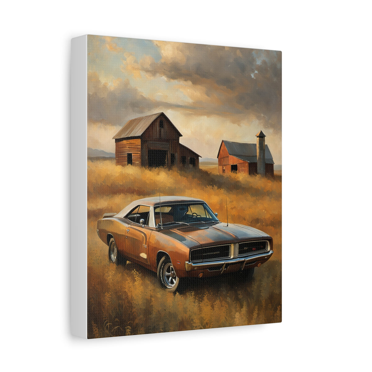 1969 Dodge Charger R/T Canvas Wall Art Vintage Bronze Metallic Muscle Car Painting Farmhouse Barn Wheat Field Stretched Canvas Print for Living Room Office Decor