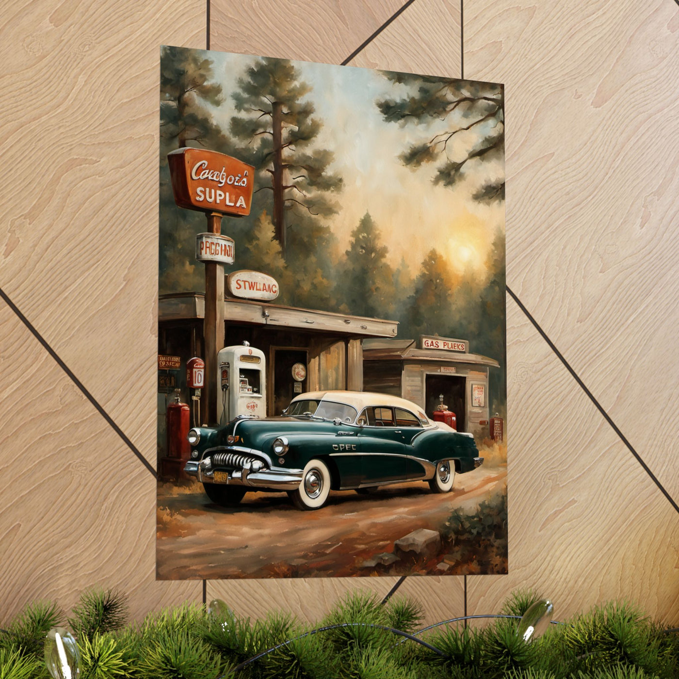 Vintage Car Art Print featuring a classic car at a vintage gas station in a forest setting