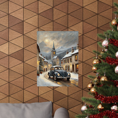 Vintage Winter Village Car Poster Printify