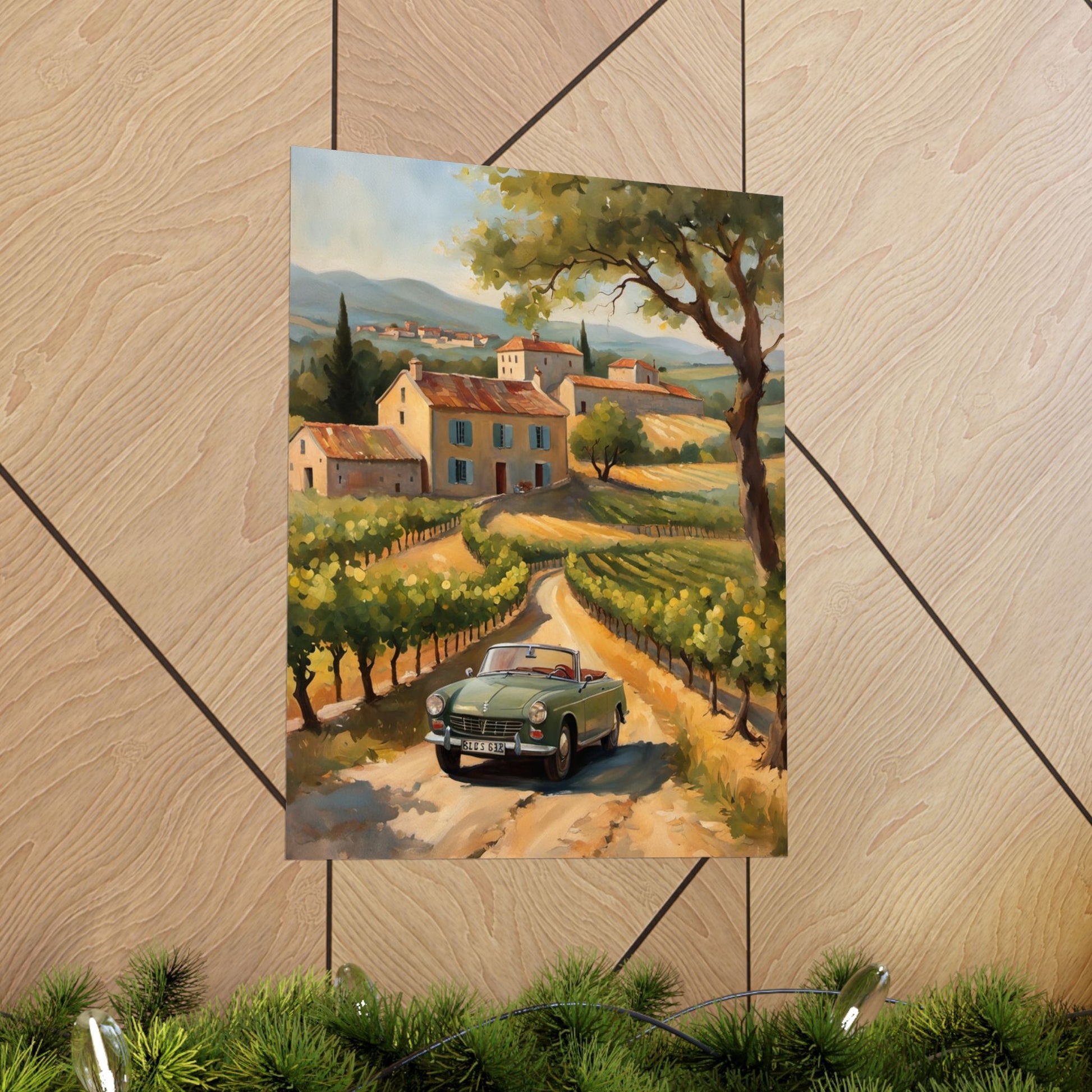 Vintage Car Landscape Poster, Wall Art Decor, Matte Vertical Print, Country Road Scene, Home Decor Gift, Retro Art, Gift for Car Lovers Printify