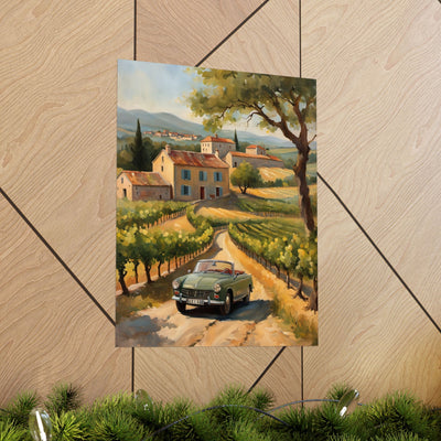 Vintage Car Landscape Poster, Wall Art Decor, Matte Vertical Print, Country Road Scene, Home Decor Gift, Retro Art, Gift for Car Lovers Printify