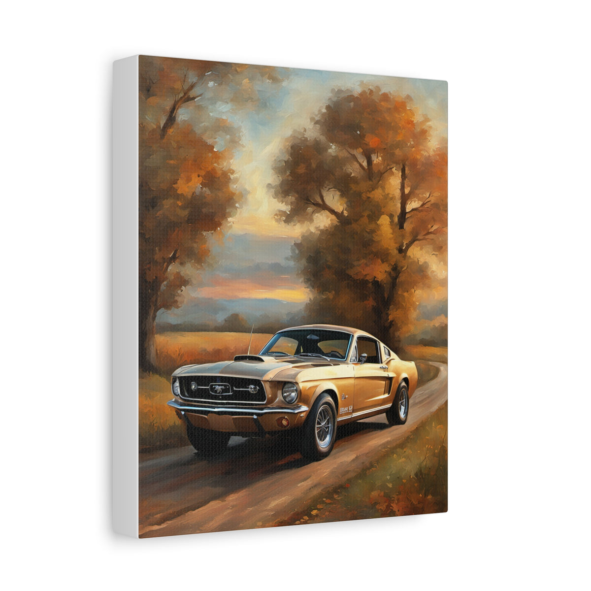 1967 Ford Mustang Fastback Canvas Wall Art Vintage Gold Muscle Car Painting Autumn Countryside Sunset Stretched Canvas Print for Living Room Office Decor