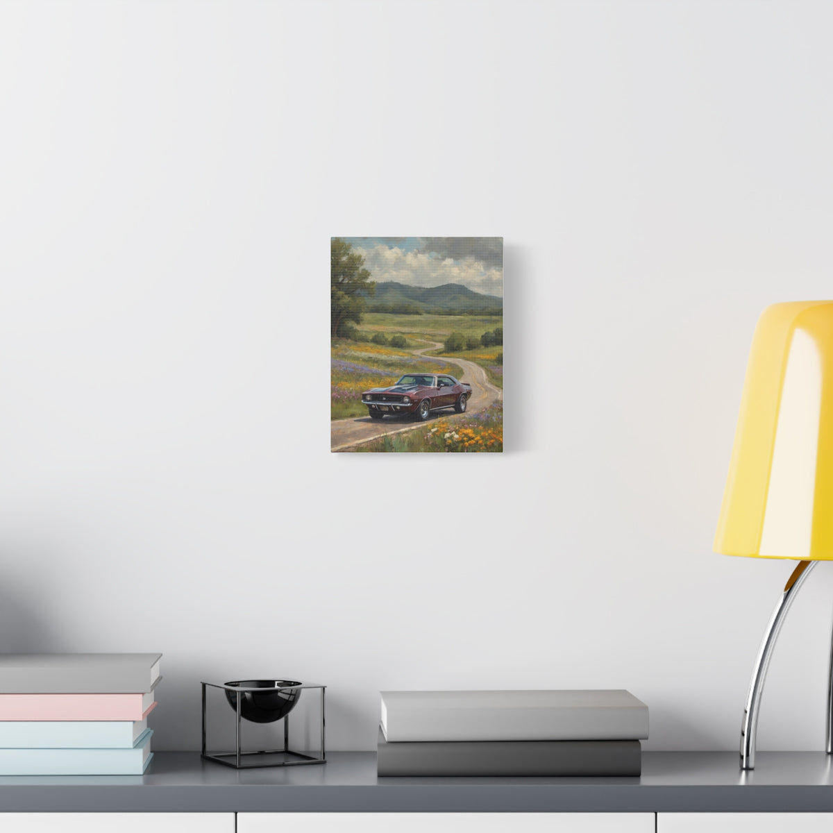 1969 Chevrolet Camaro Z28 Canvas Wall Art Vintage Burgundy Metallic Muscle Car Painting Country Road Wildflower Meadow Stretched Canvas Print for Living Room Office Decor