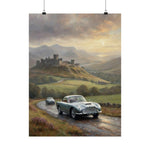 Vintage Aston Martin Driving Poster — Classic Car Landscape Matte Vertical Print