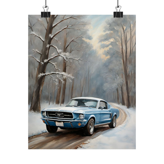 Winter Mustang Poster Art, Vintage Car Wall Decor, Home Office Artwork, Gift for Car Lovers, Automotive Decor