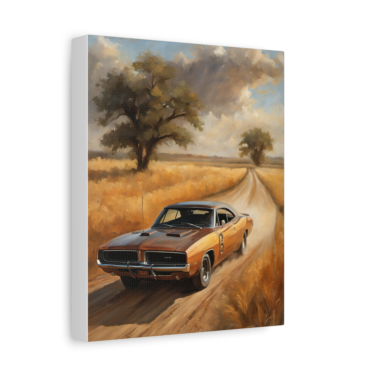 1969 Dodge Charger R/T Canvas Wall Art Vintage Copper Metallic Muscle Car Painting Country Dirt Road Golden Field Stretched Canvas Print for Living Room Office Decor