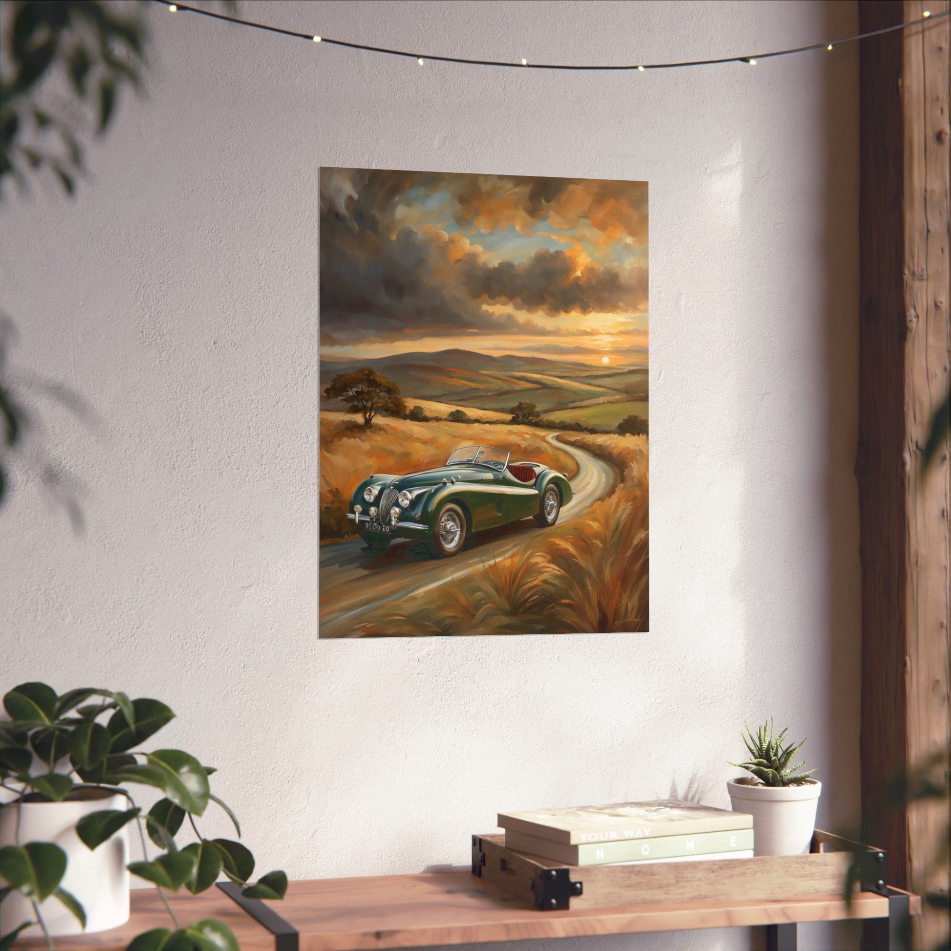 Classic Car Landscape Matte Poster featuring a old convertible on a scenic road at sunset