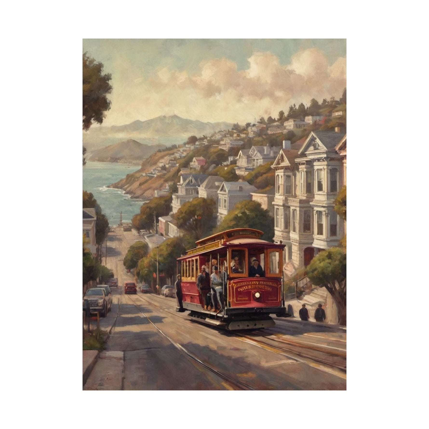 San Francisco Cable Car Poster — Vintage Coastal Cityscape Matte Vertical Print - AquilVision