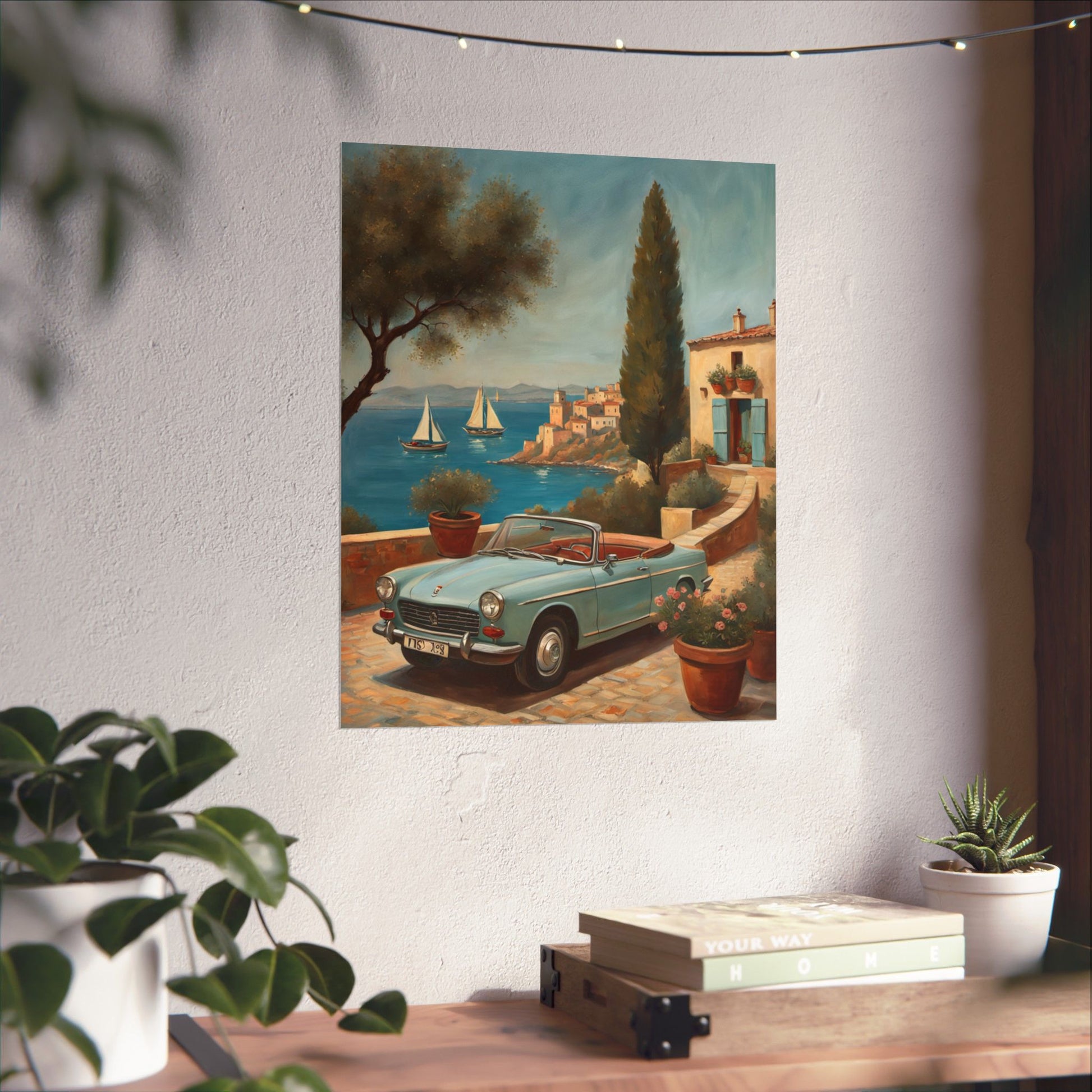 Scenic Vintage Car Art Matte Vertical Posters, Vintage Car Art, Mediterranean Vibes, Home Decor, Wall Art for Travel Lovers Printify