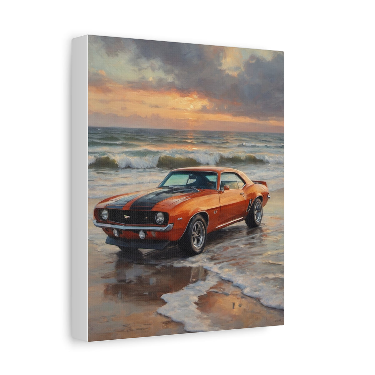 1969 Chevrolet Camaro Z28 Canvas Wall Art Vintage Hugger Orange Black Stripes Muscle Car Painting Ocean Beach Shoreline Sunset Stretched Canvas Print for Living Room Office Decor